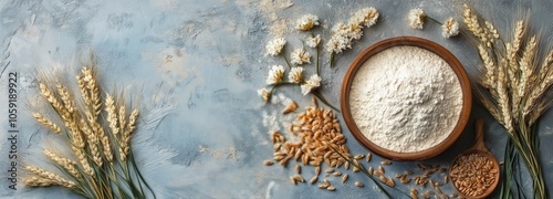 Flour and wheat grains displayed with flowers on a blue textured surface in n...