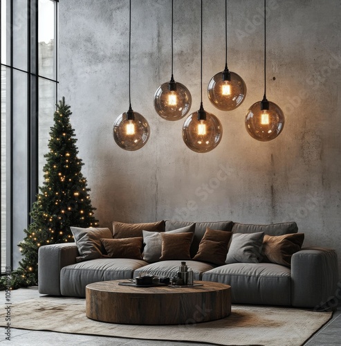 Cozy living room decorated for the holidays with Christmas tree and stylish l...