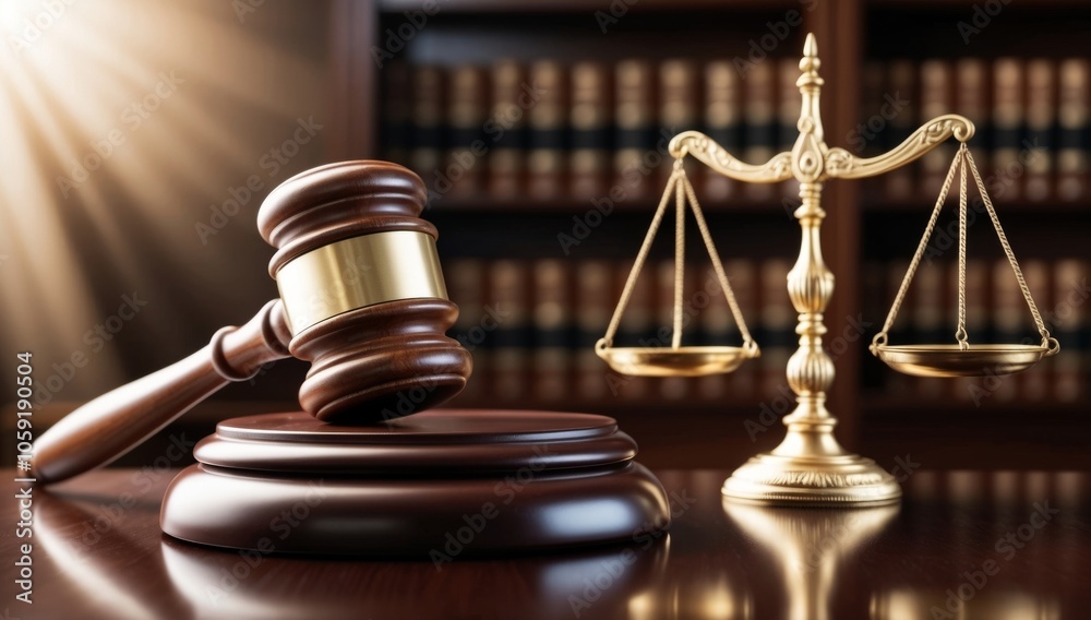 Gavel and Scales of Justice on Wooden Table