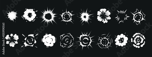 Radial explosive effect. Vector set. Exploded bomb effect silhouettes set icon. Comic circle burst, round steam cloud, energy explosions, game VFX elements, speed bang power. 