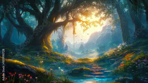 Enchanted Fantasy Landscape with Magical Forest and Mystical Realms at Dawn photo