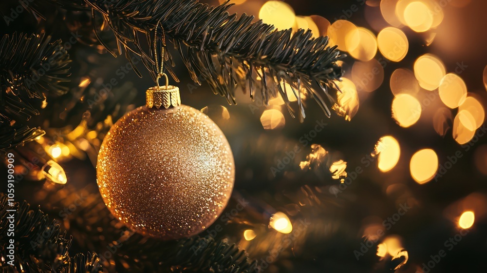 Detailed close-up of a glittering golden ornament on a Christmas tree, surrounded by warm holiday lights Detailed close-up of a glittering golden ornament on a Christmas tree, surrounded by warm holiday lights