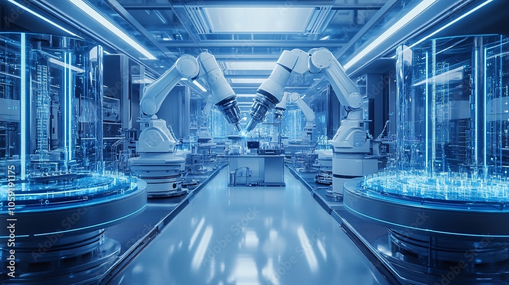 A futuristic robotics laboratory featuring advanced robotic arms and glowing technology in a high-tech environment. A futuristic robotics laboratory featuring advanced robotic arms and glowing technology in a high-tech environment.
