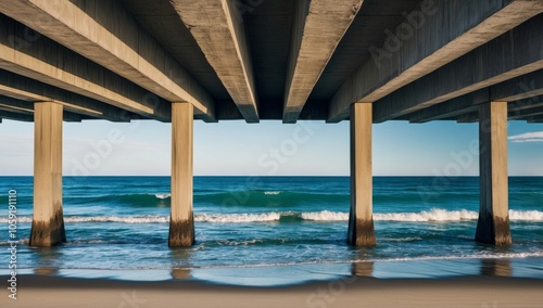 Concrete Pillars of a Pier Framing the Ocean