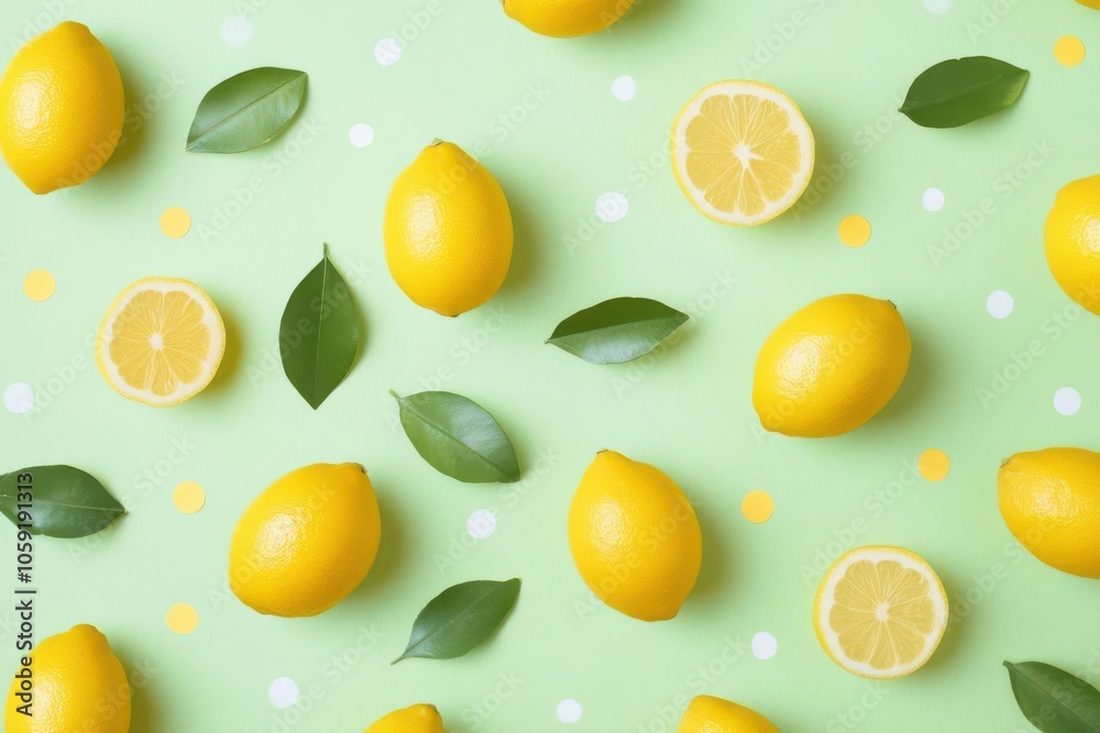 Cute lemon pattern with polka dots, yellow and green, playful and summerinspired