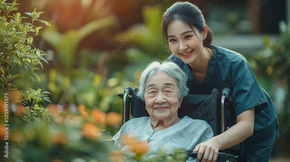 An attentive nurse in scrubs tends to an elderly woman in a wheelchair, amidst flourishing flowers, capturing a tranquil and caring bond under soft sunlight in a garden. An attentive nurse in scrubs tends to an elderly woman in a wheelchair, amidst flourishing flowers, capturing a tranquil and caring bond under soft sunlight in a garden.