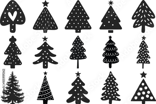 Christmas Trees Silhouette Set, Merry Christmas And Happy New Year, Print On Custom T-shirts, Bags, Stationery, Poster And Stickers.