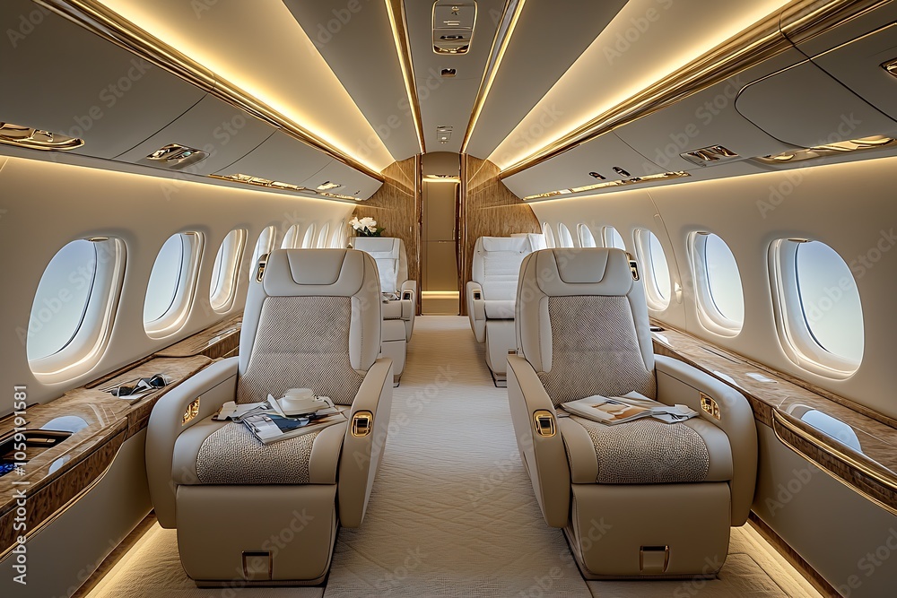 Obraz premium Elegant and Spacious Private Jet Interior with Refined Amenities : Generative AI
