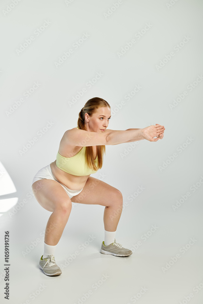 Naklejka premium A woman confidently engages in squats, showcasing her fitness routine in a vibrant studio setting.