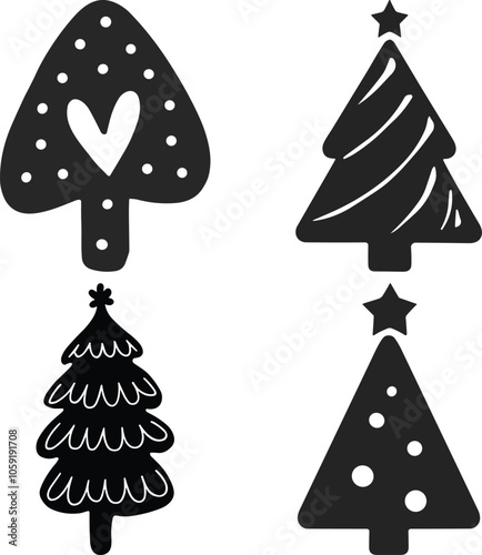 Christmas Trees Silhouette Set, Merry Christmas And Happy New Year, Print On Custom T-shirts, Bags, Stationery, Poster And Stickers.