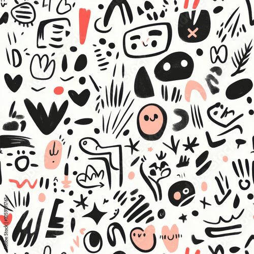 Playful Hand-Drawn Doodle Illustration with Abstract Characters, Seamless pattern.