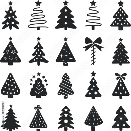 Christmas Trees Silhouette Set, Merry Christmas And Happy New Year, Print On Custom T-shirts, Bags, Stationery, Poster And Stickers.