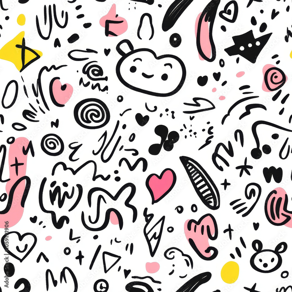 Playful Hand-Drawn Doodle Illustration with Abstract Characters, Seamless pattern. Playful Hand-Drawn Doodle Illustration with Abstract Characters, Seamless pattern.