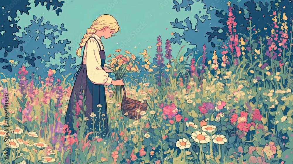 A Woman Gathering Flowers in a Field of Colorful Blooms A Woman Gathering Flowers in a Field of Colorful Blooms
