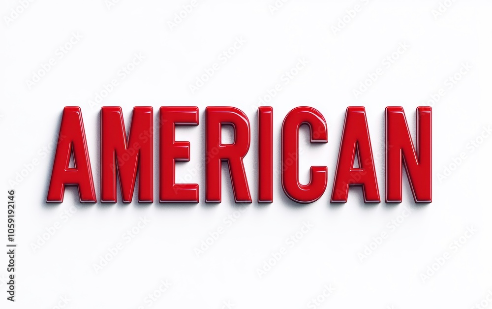 Bold red word 'AMERICAN' on a clean white background, ideal for representing American culture and identity. Bold red word 'AMERICAN' on a clean white background, ideal for representing American culture and identity.