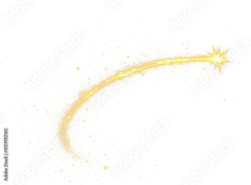 Golden shooting star streaks across  isolate on transparent background, leaving a trail of sparkling dust, cutout, png