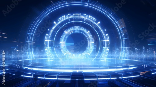 Futuristic digital interface featuring glowing circular patterns and a high-tech environment during a night setting