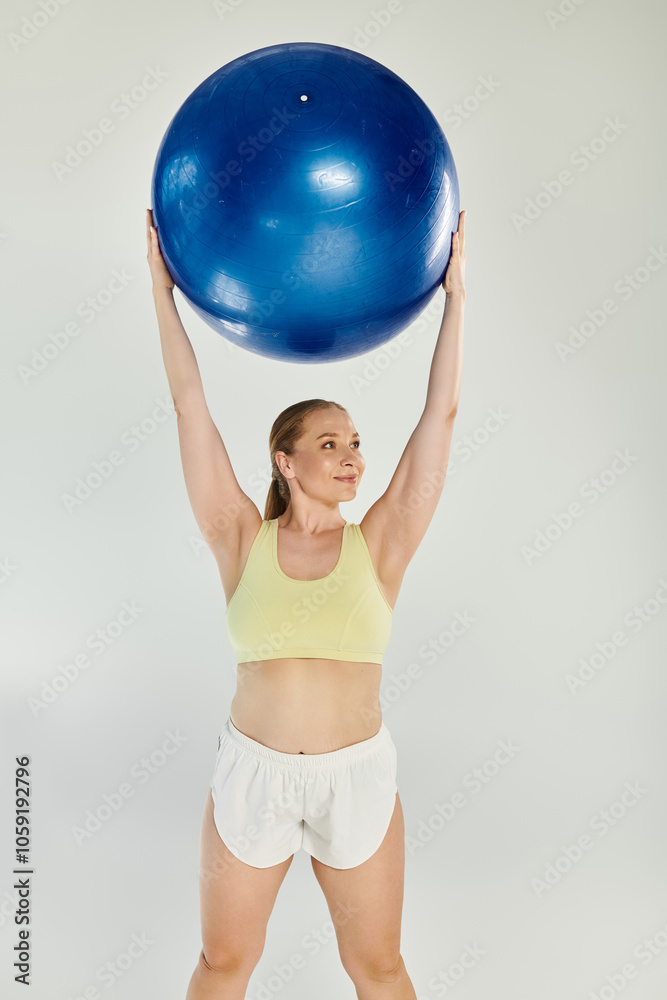 A fit woman joyfully lifts a large blue exercise ball in a bright studio space, showcasing her strength. A fit woman joyfully lifts a large blue exercise ball in a bright studio space, showcasing her strength.
