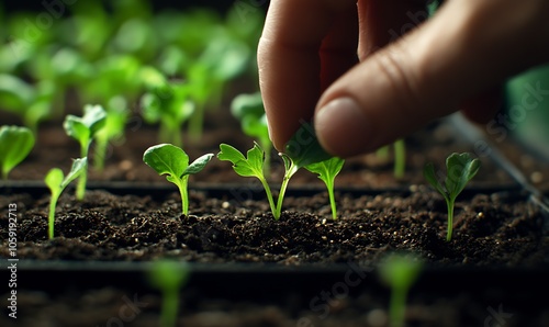 Closeup of Hand Planting Seedlings in Rich Soil in Garden Environment : Generative AI