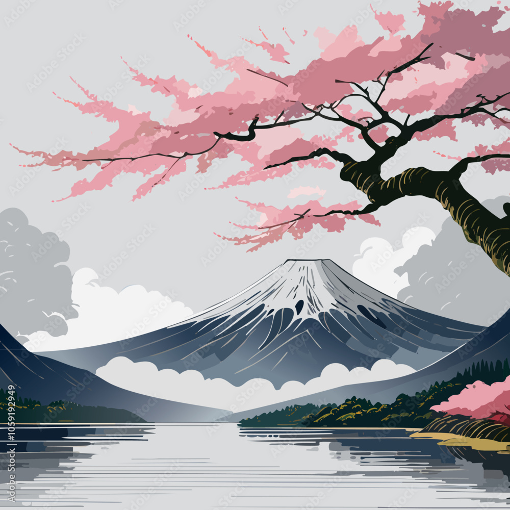 Paysage Asiatique Soleil Couchant avec Montagnes, Collines, Arbres et Lac