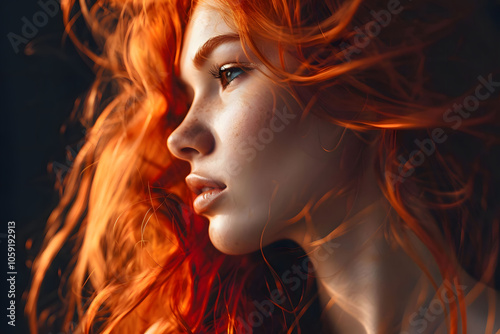 Profile portrait of a young woman with flowing red hair and freckles, evoking a sense of natural beauty, individuality, and elegance, suitable for beauty, fashion, and creative editorial uses