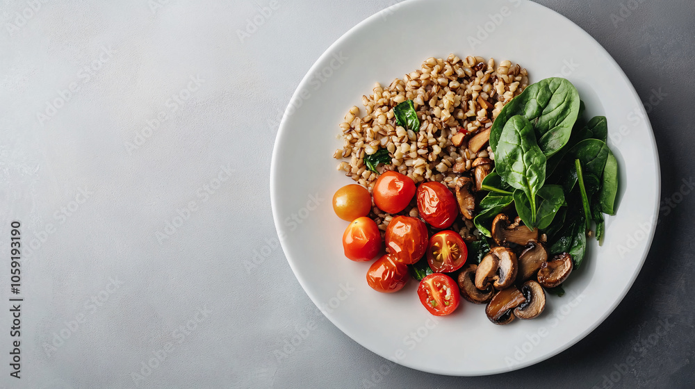 healthy and delicious vegetarian meal with buckwheat spinach and cherry tomatoes on white plate