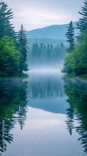 Serenity at Sunrise: A Misty Lake Reflecting Tranquil Mountains and Lush Greenery in Perfect Harmony