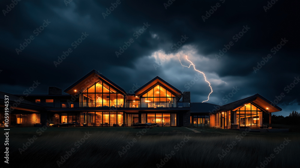 Modern, illuminated glass-fronted house with dark storm clouds and lightning in the background, showcasing elegant architecture and dramatic lighting effects. Modern, illuminated glass-fronted house with dark storm clouds and lightning in the background, showcasing elegant architecture and dramatic lighting effects.
