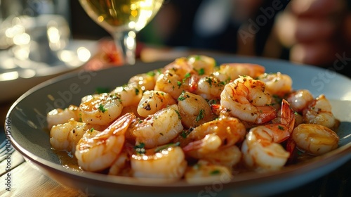 Shrimp dish served with white wine during a festive dinner gathering at night