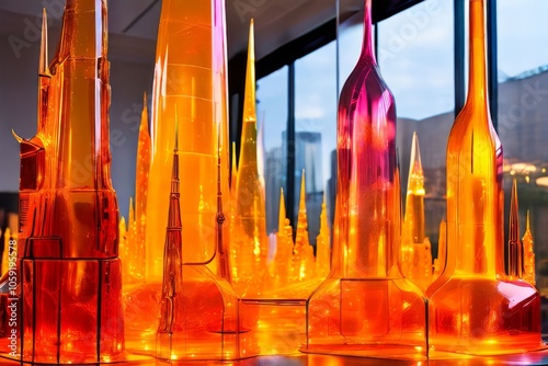 vibrant glass sculpture of a futuristic cityscape with towering photo