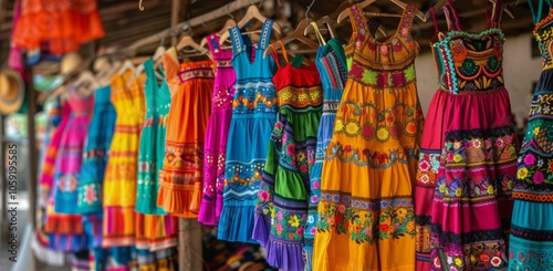 Colorful Embroidered Dresses Hanging On A Wooden Railing