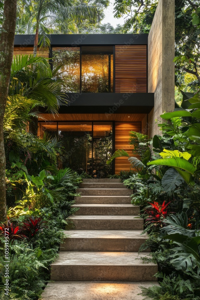 Obraz premium Modern architectural entrance surrounded by lush greenery in the afternoon light