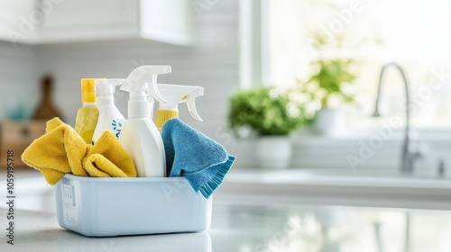 A caddy filled with cleaning supplies on a bright kitchen counter ready for spring cleaning tasks