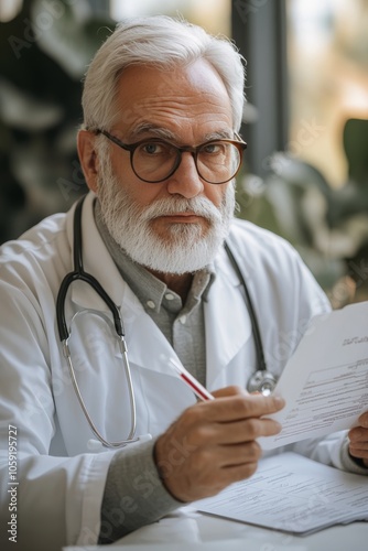 Elderly doctor writing notes in a medical office during a sunny afternoon