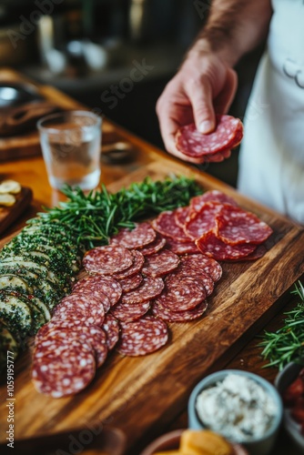 Charcuterie board with sliced salami and cheese on a wooden cutting board