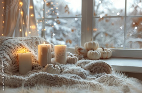 Cozy Winter Windowsill With Burning Candles and White Pumpkins
