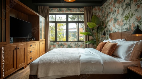 Cozy bedroom with natural light and floral wallpaper in a modern boutique hotel