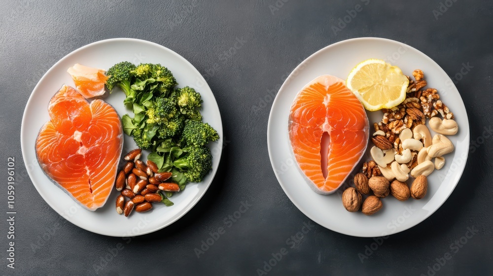 A comparison of healthy vs. unhealthy fats on two plates, with a focus on reducing cholesterol A comparison of healthy vs. unhealthy fats on two plates, with a focus on reducing cholesterol