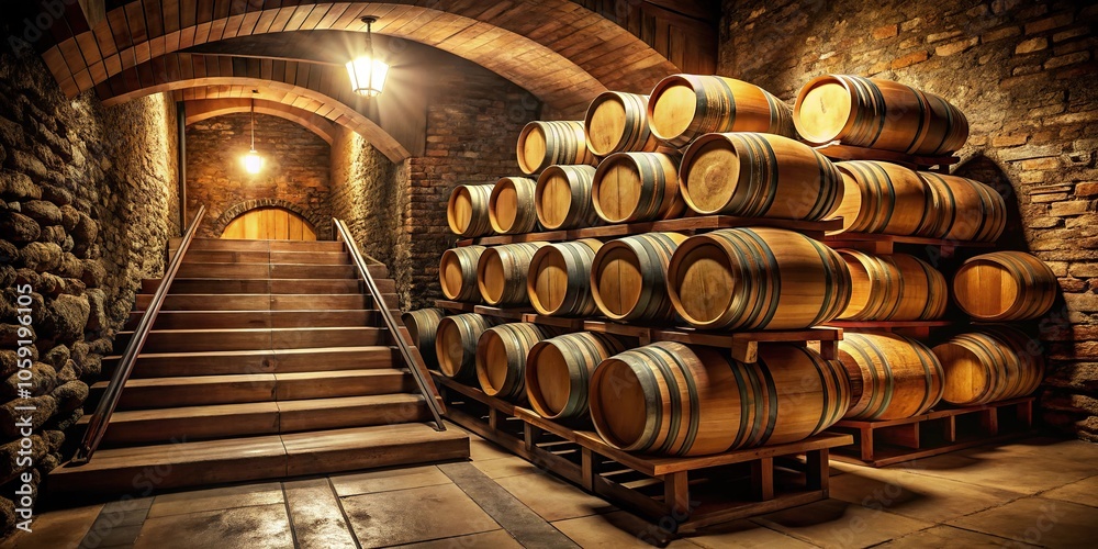 Fototapeta premium wine barrels stacked on top of each other in a dimly lit cellar with a wooden staircase, stairs, somber, wine cellar, wooden staircase
