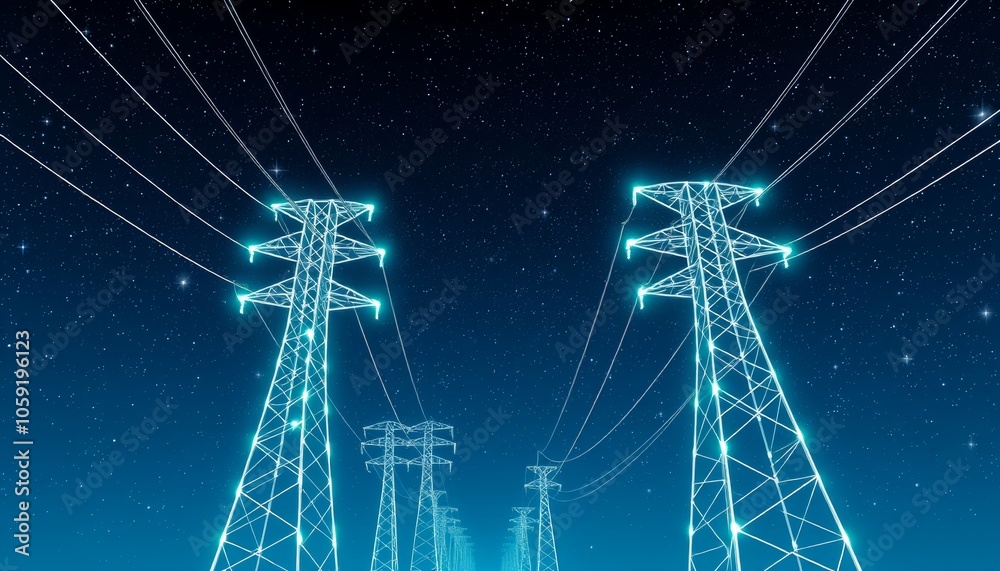 Glowing Power Lines Against a Starry Night Sky