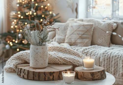 Cozy Winter Windowsill With Burning Candles and White Pumpkins