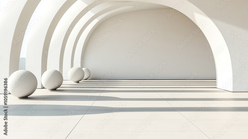 Obraz premium Minimalistic architectural scene with curved white arches and round smooth spheres casting shadows on a sunlit floor