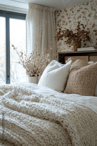 Cozy bedroom with floral wallpaper and warm accents near a sunny window