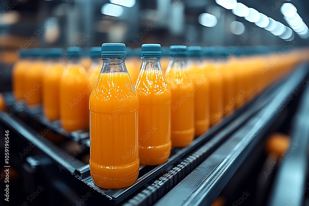 Efficient Beverage Production with Rows of Orange Juice Bottles : Generative AI