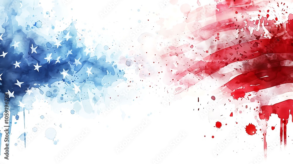 A vibrant watercolor representation of the American flag, blending blue and red hues with splashes and stars. A vibrant watercolor representation of the American flag, blending blue and red hues with splashes and stars.
