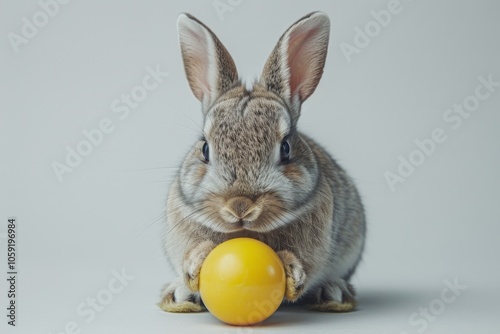 Gray Bunny Holding Yellow Easter Egg on White Background