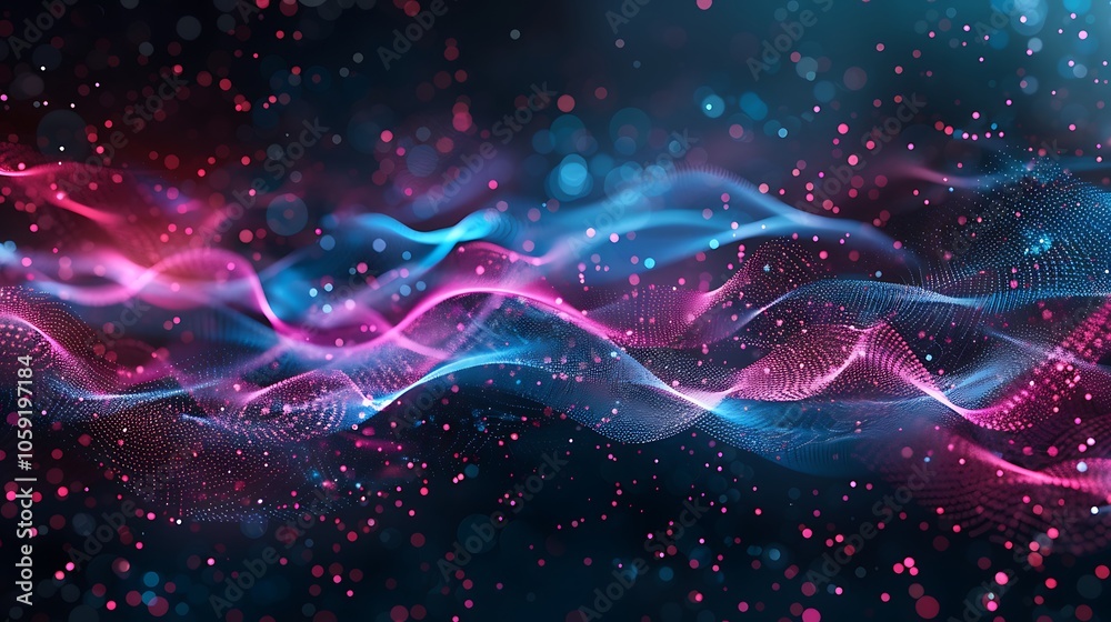 Fototapeta premium A vibrant abstract wave design with flowing lines and sparkling particles in pink and blue hues.