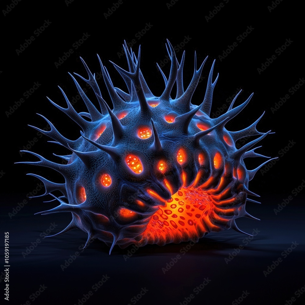 A vibrant, surreal representation of a microscopic organism, showcasing intricate details and glowing colors against a dark background. A vibrant, surreal representation of a microscopic organism, showcasing intricate details and glowing colors against a dark background.
