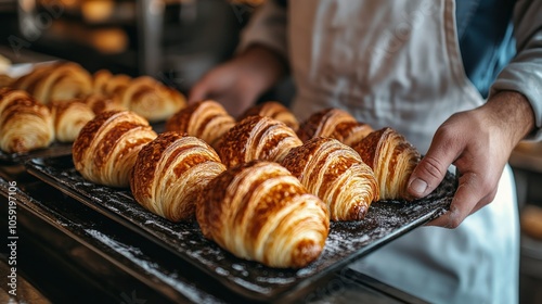 Freshly baked croissants being removed from the oven in a bakery kitchen