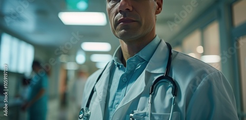 Confident Male Doctor Standing in Hospital Corridor